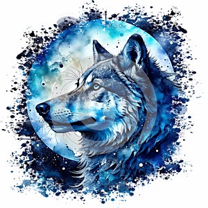 Watercolor drawing of a wolf on the background of the moon. (PNG format)