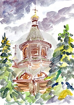 Watercolor drawing wooden chapel among the trees