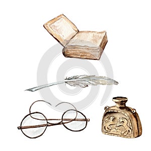 Watercolor drawings: ancient book, pen, inkwell, glasses, manuscript