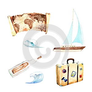 Watercolor drawings sea voyage, yachting, sailing, travel