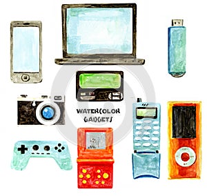 Watercolor drawings of various gadgets