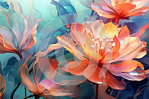 Watercolor drawn floral illustration, orange flowers on blue background. Colorful abstract design backdrop