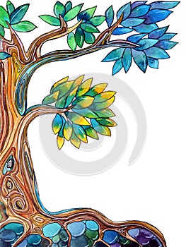 Watercolor drawn illustration of a peaceful tree on white