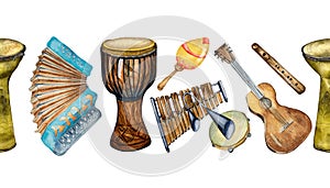 Watercolor drawn musical instruments isolated on white background. Seamless border for a music project. Hand drawn