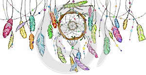 Watercolor dream catcher with bright colorful feathers swinging