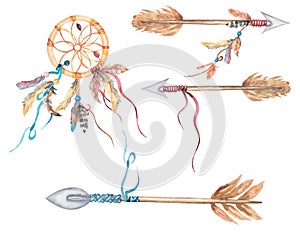 Watercolor dreamcatcher and, Boho Arrows illustration set, feathers clipart, Baby shower graphics, Card making, tags, wedding