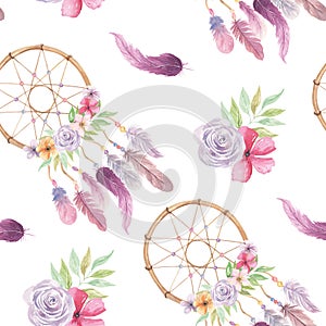 Watercolor Dreamcatcher Feathers Boho Patterns Floral Seamless Pink Peach