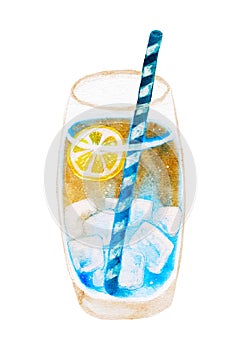 Watercolor drink cocktail with lemon and straw, summer beverage ice cold soda