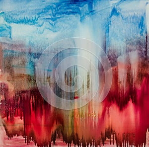 Watercolor drips. Abstract painting. Oil on canvas. Colorful Background texture. Blue and red color. close-up Fragment