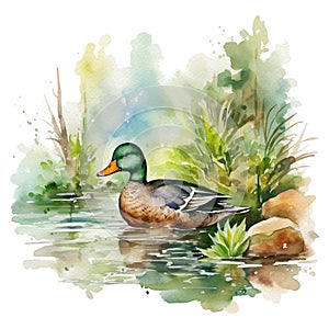 Watercolor duck and plants of lake. Hand drawn illustration Isolated on white background.