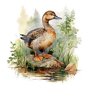 Watercolor duck and plants of lake. Hand drawn illustration Isolated on white background.