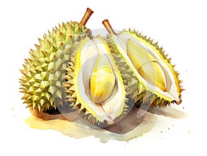Watercolor Durian Isolated, Aquarelle Tropical Fruit Pulp, Creative Watercolor Durio on White Background