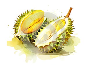 Watercolor Durian Isolated, Aquarelle Tropical Fruit Pulp, Creative Watercolor Durio on White Background