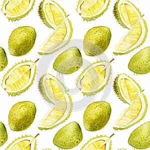 Watercolor Durian Seamless Pattern, Aquarelle Tropical Fruit Pulp, Creative Watercolor Durio Tile