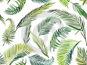 Watercolor dynamic seamless pattern of palm leaves and branches. Green isolated elements on a white background. Exotic print for