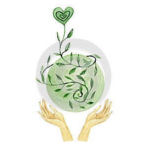 Watercolor Earth day love. Hands eco greenery clean planet illustration. Ecological icons and Logo design