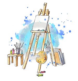 Watercolor easel at the studio, artist`s workplace