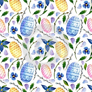 Watercolor Easter background. Seamless pattern with bunny, eggs and willow twig