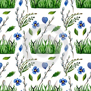 Watercolor Easter background. Seamless pattern with bunny green grass