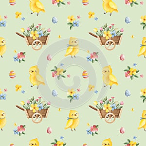 Watercolor Easter background. Texture with bouquets,cute yellow chickens,wooden cart and colorful eggs
