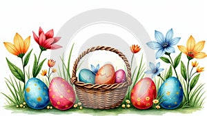 Watercolor Easter Basket: Eggs and Flowers on White (Generated using AI)