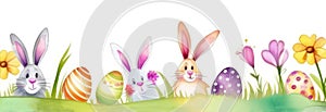 Watercolor Easter border with Easter bunnies, eggs, flowers and green grass.