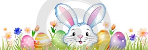 Watercolor Easter border with Easter bunny, eggs, flowers and green grass