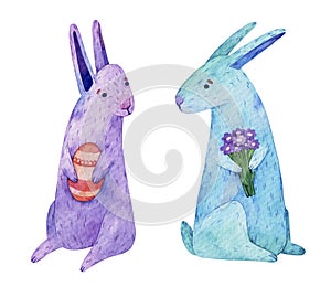 Watercolor Easter bunnies with colored egg and bouquet. Hand painted rabbit illustration isolated on white background.