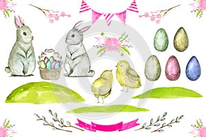 Watercolor Easter Bunny clipart Hand-painted colorful eggs, chicken, rabbit animals and flower decor cliparts.