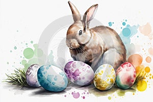 Watercolor easter bunny with colorful eggs. Generative ai