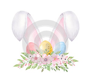 Watercolor Easter Bunny ears with flowers and eggs isolated on white background.