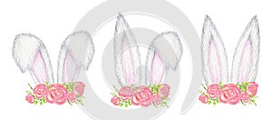 Watercolor Easter Bunny ears with pink floral crown set isolated illustration on white background. Hand painted cartoon