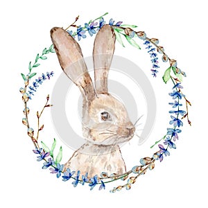 Watercolor Easter bunny with floral wreath