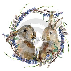 Watercolor Easter bunny with floral wreath. Hand painted rabbit with lavender, willow and tree branch isolated on white