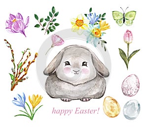 Watercolor Easter bunny illustration. Cute baby rabbit, eggs and spring flowers, isolated on white background