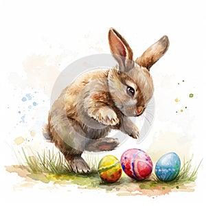 Watercolor Easter Bunny Playing Kickball with Eggs AI Generated photo