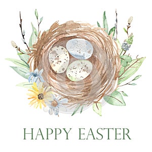 Watercolor easter card with bird nest, eggs, spring greenery, leaves, twigs, flowers, willows