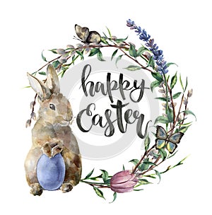 Watercolor easter card with bunny, butterfly and lettering. Hand painted border with egg, lavender, willow, tulip, tree