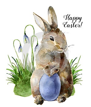 Watercolor Easter card with bunny, snowdrops and colored egg. Hand painted print with traditional symbols isolated on