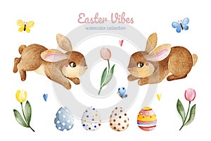 Watercolor Easter collection.Set with tulips,butterflies,colored eggs and cute bunnies