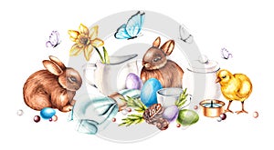 Watercolor Easter composition with tea set, Easter bunnies and eggs