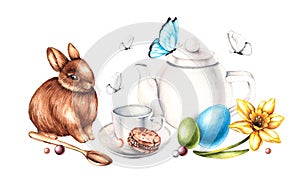 Watercolor Easter composition with tea set, Easter bunny and eggs