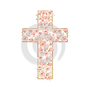 Watercolor Easter Cross Clipart, Spring Coral Floral Arrangements, Baptism Crosses DIY Invitation, Greenery Easter clipart, Holy