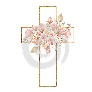 Watercolor Easter Cross Clipart, Spring Coral Floral Arrangements, Baptism Crosses DIY Invitation, Greenery Easter clipart, Holy