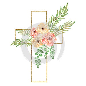 Watercolor Easter Cross Clipart, Spring Floral Arrangements, Baptism Crosses DIY Invitation, Greenery Easter clipart, Golden frame