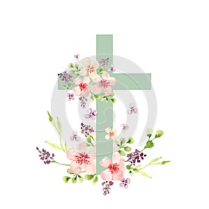 Watercolor Easter Cross with spring flowers