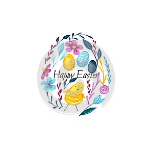 Watercolor Easter decor in egg shape. Print with floral elements and chick
