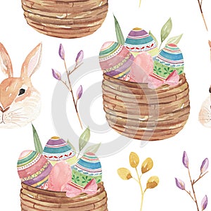 Watercolor Easter Egg Bunny Patterns Floral Leaves Buds Arrangement