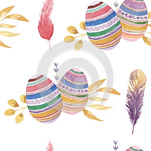 Watercolor Easter Egg Feather Patterns Floral Leaves Buds Arrangement