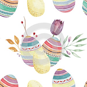 Watercolor Easter Egg Tulip Patterns Floral Leaves Buds Arrangement